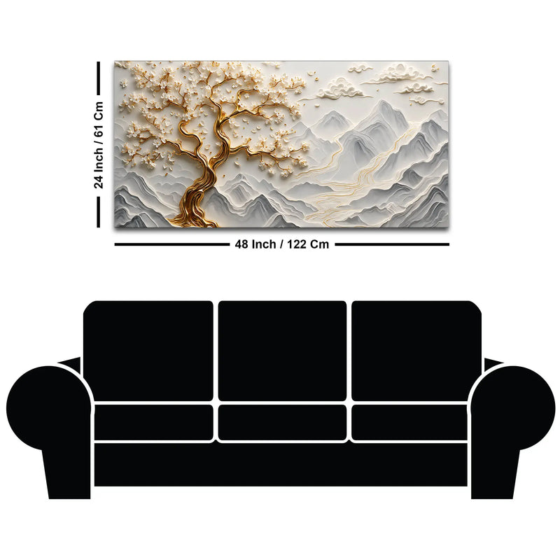 Golden Blossom Tree over Misty Mountain Landscape 3D Canvas Wall Painting