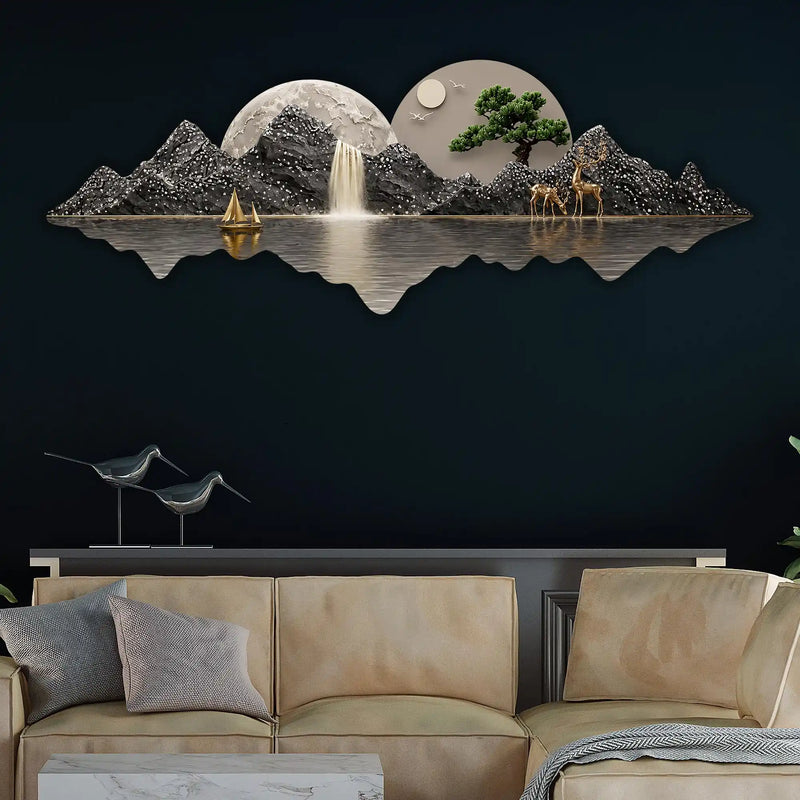 Golden Boat Mountain Waterfall Premium Crystal Glass Backlit LED Painting
