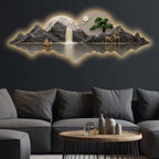 Golden Boat Mountain Waterfall Premium Crystal Glass Backlit LED Painting
