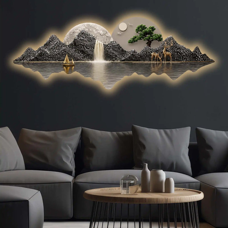 Golden Boat Mountain Waterfall Premium Crystal Glass Backlit LED Painting