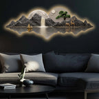 Golden Boat Mountain Waterfall Premium Crystal Glass Backlit LED Painting