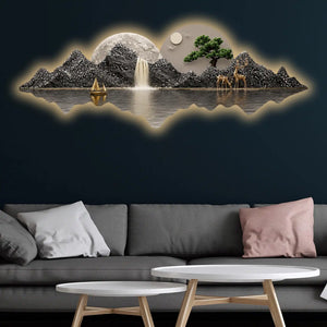 Golden Boat Mountain Waterfall Premium Crystal Glass Backlit LED Wall Art