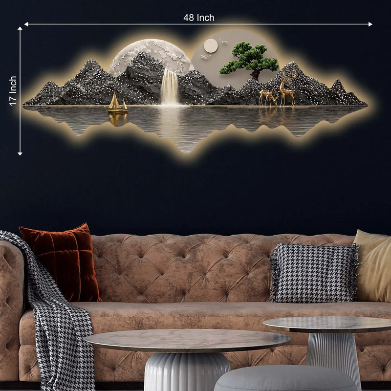 Golden Boat Mountain Waterfall Premium Crystal Glass Backlit LED Wall Art