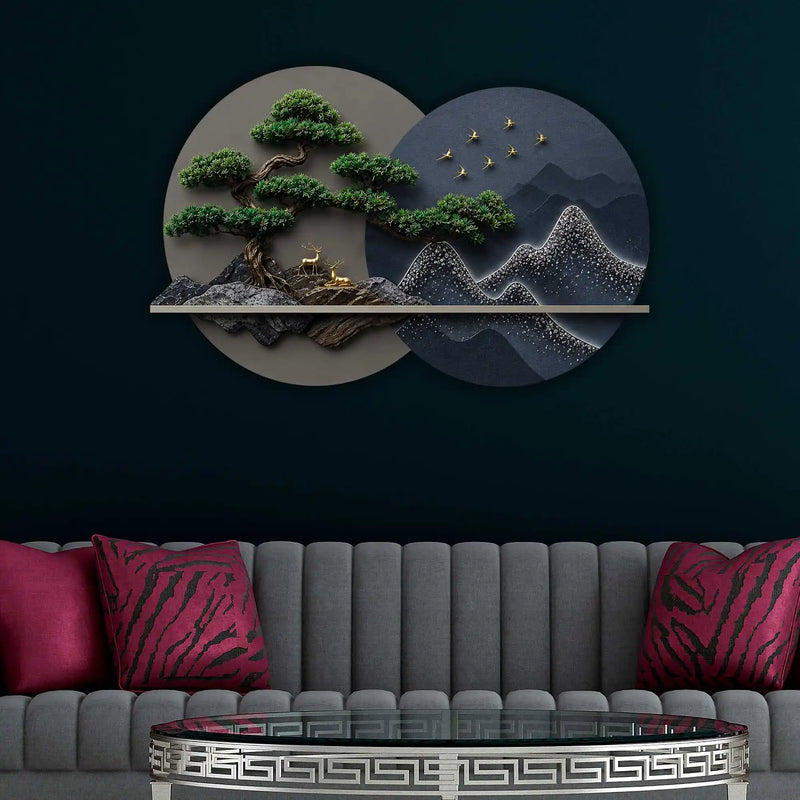 Golden Bonsai Mountain Harmony Premium Crystal Glass Backlit LED Painting