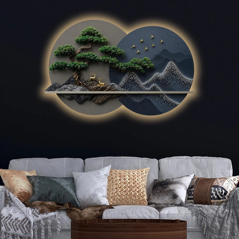 Golden Bonsai Mountain Harmony Premium Crystal Glass Backlit LED Painting