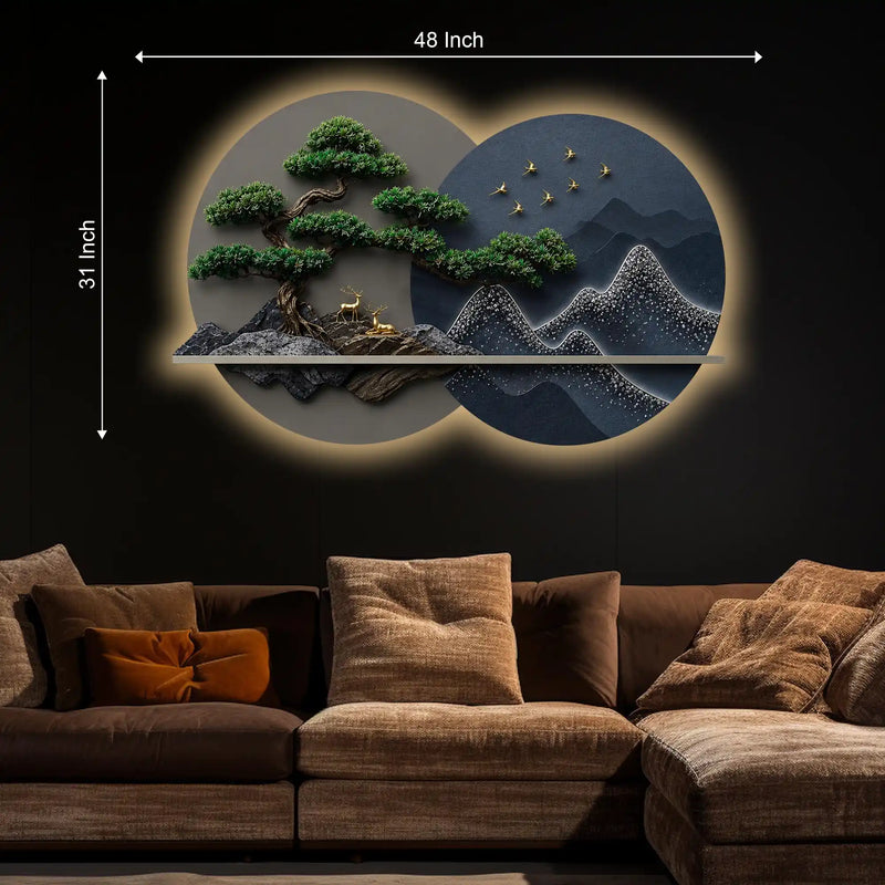 Golden Bonsai Mountain Harmony Premium Crystal Glass Backlit LED Painting