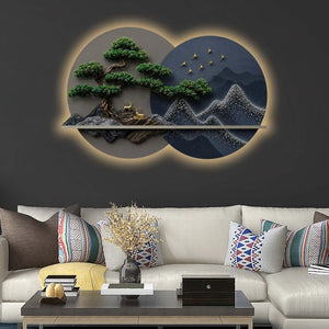 Golden Bonsai Mountain Harmony Premium Crystal Glass Backlit LED Wall Art