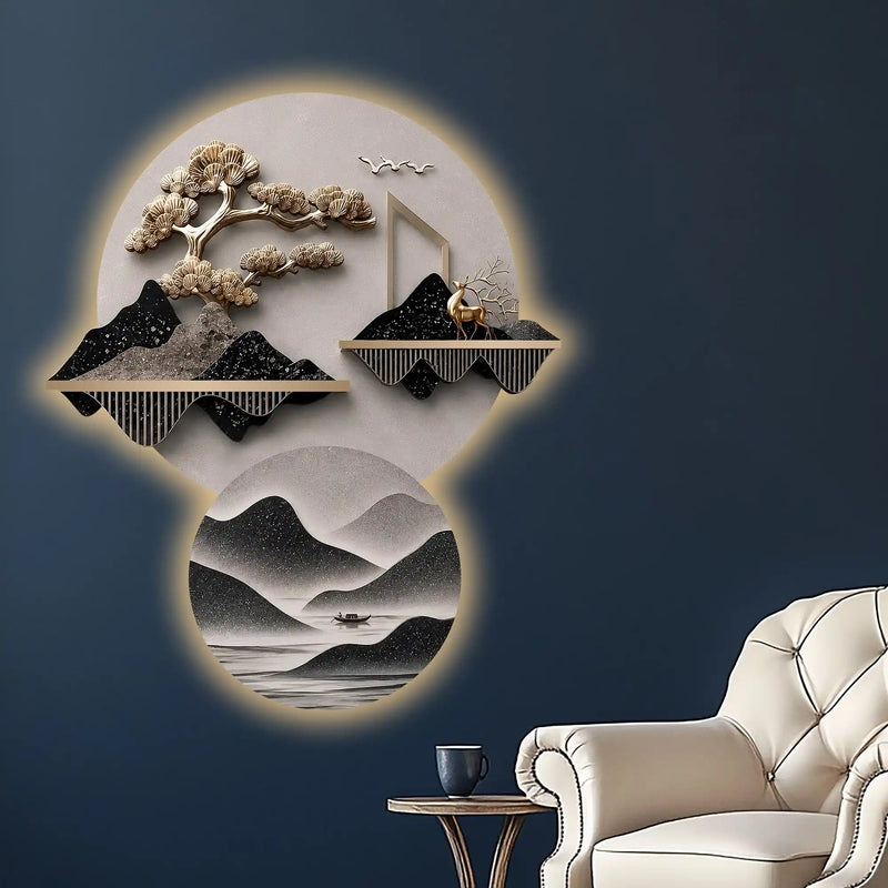 Golden Bonsai Tree & Deer Landscape Premium Crystal Glass Backlit LED Painting