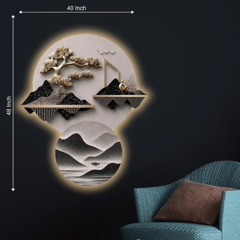 Golden Bonsai Tree & Deer Landscape Premium Crystal Glass Backlit LED Painting