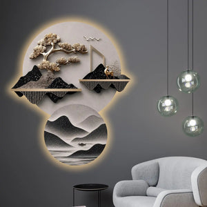 Golden Bonsai Tree & Deer Landscape Premium Crystal Glass Backlit LED Wall Art