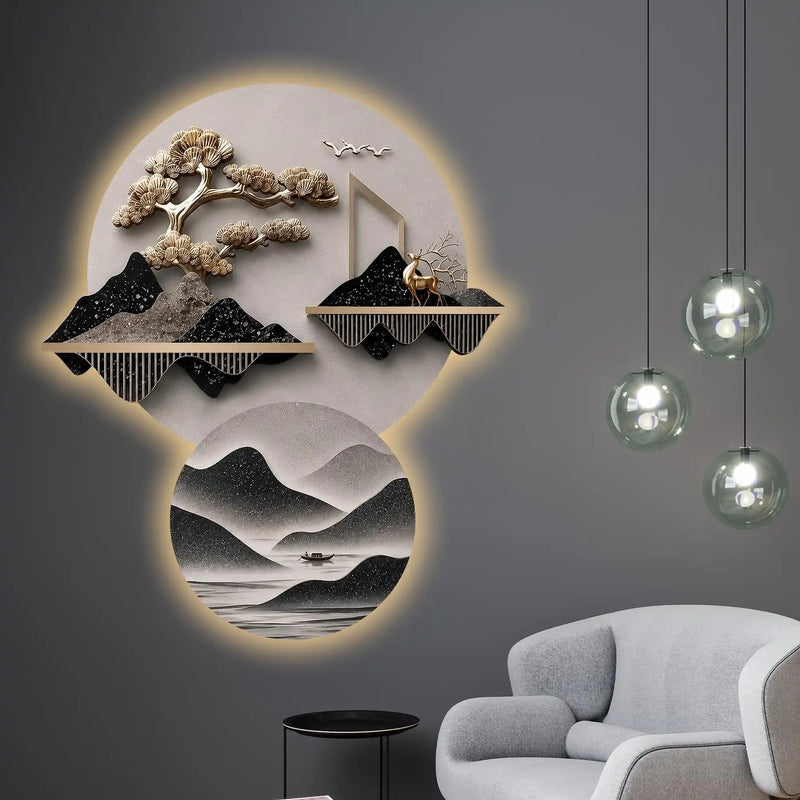 Golden Bonsai Tree & Deer Landscape Premium Crystal Glass Backlit LED Wall Art