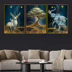 golden-bonsai-tree-elegant-deer-and-elephant-floating-frame-crystal-wall-painting-set-of-3