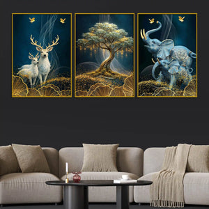 golden-bonsai-tree-elegant-deer-and-elephant-floating-frame-crystal-wall-painting-set-of-3