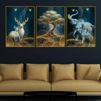 Golden Bonsai Tree Elegant Deer and Elephant Floating Frame Crystal Wall Painting Set of 3