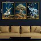 Golden Bonsai Tree Elegant Deer and Elephant Floating Frame Crystal Wall Painting Set of 3