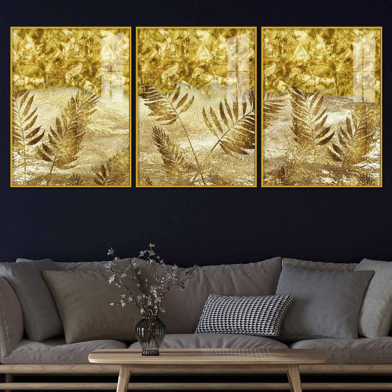 Golden Botanical Art Acrylic Floating Frame Wall Painting Set of 3