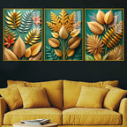Golden Botanical Elegance Acrylic Floating Frame Wall Painting Set of 3