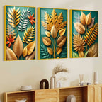Golden Botanical Elegance Acrylic Floating Frame Wall Painting Set of 3