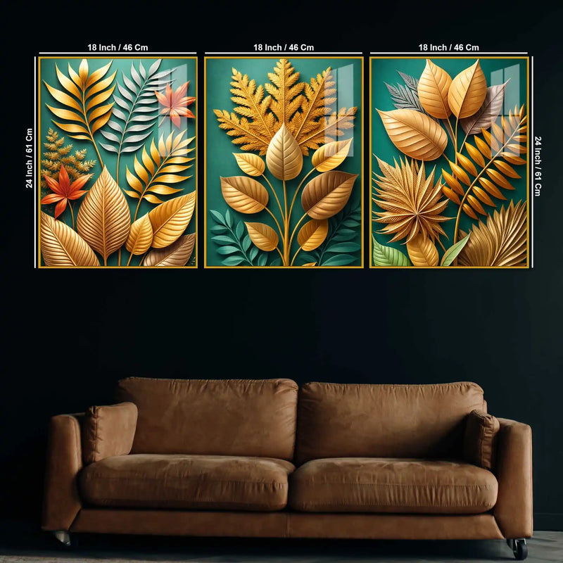Golden Botanical Elegance Acrylic Floating Frame Wall Painting Set of 3