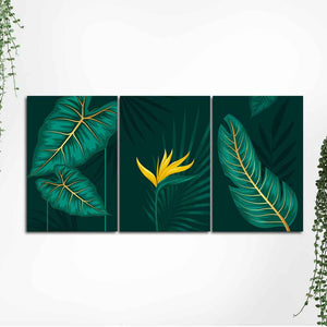 Golden Botanical Leaves and Flower Wall Painting of 3 Pieces