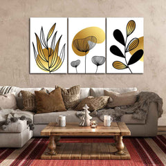 Golden Botanical Line Art Canvas Wall Painting 3 Pieces