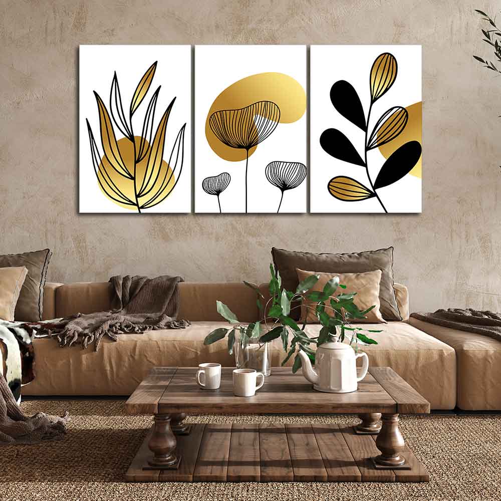 Golden Botanical Line Art Canvas Wall Painting 3 Pieces