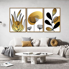 Golden Botanical Line Art Floating Canvas Wall Painting Set of Three