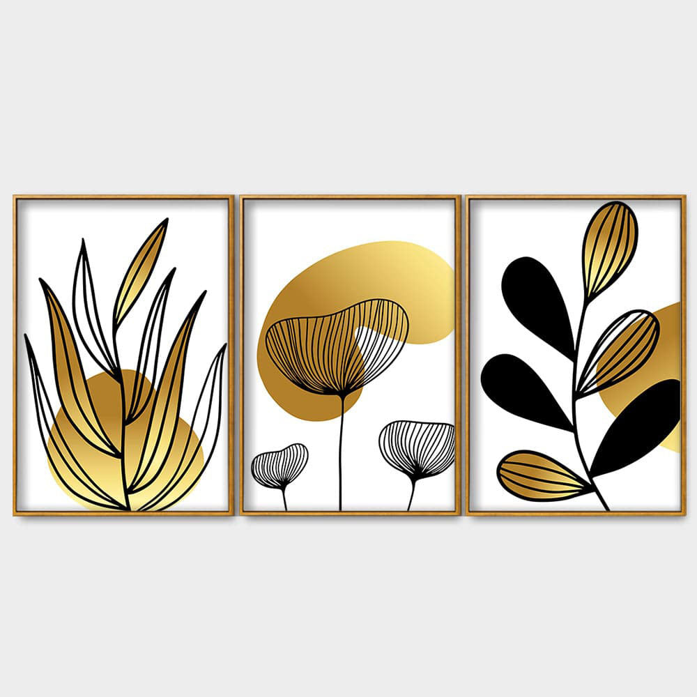 Golden Botanical Line Art Floating Canvas Wall Painting Set of Three