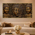 Golden Buddha Faces with Bodhi Tree Metallic Look 3D Canvas Wall Painting