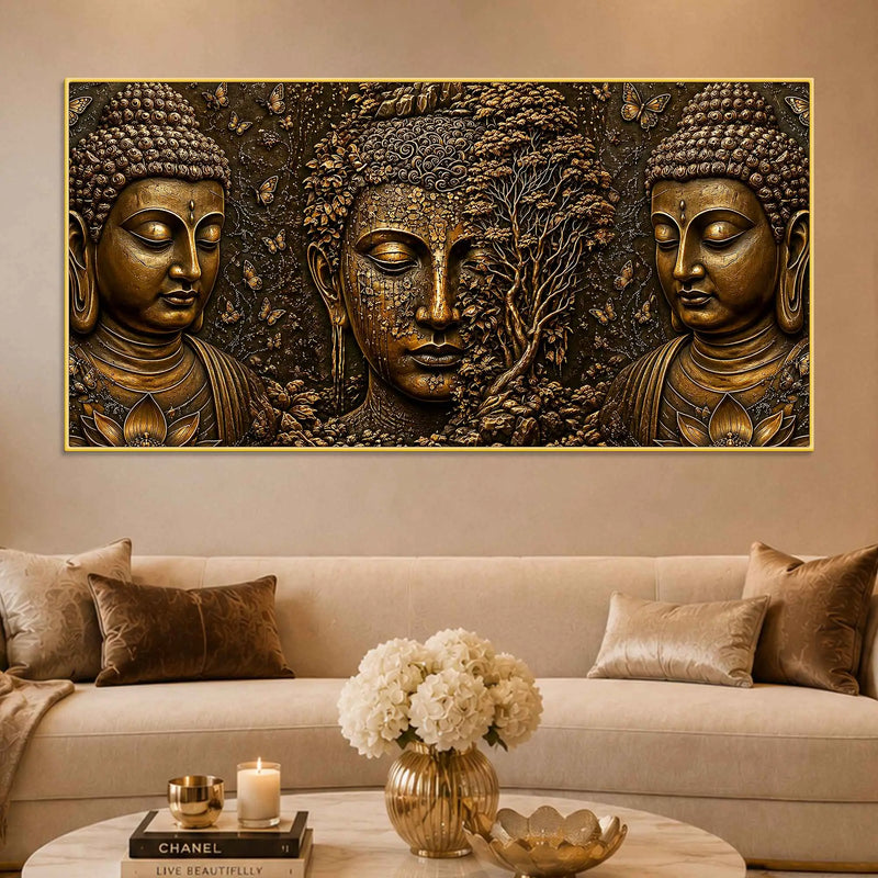 Golden Buddha Faces with Bodhi Tree Metallic Look 3D Canvas Wall Painting