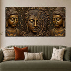 Golden Buddha Faces with Bodhi Tree Metallic Look 3D Canvas Wall Painting