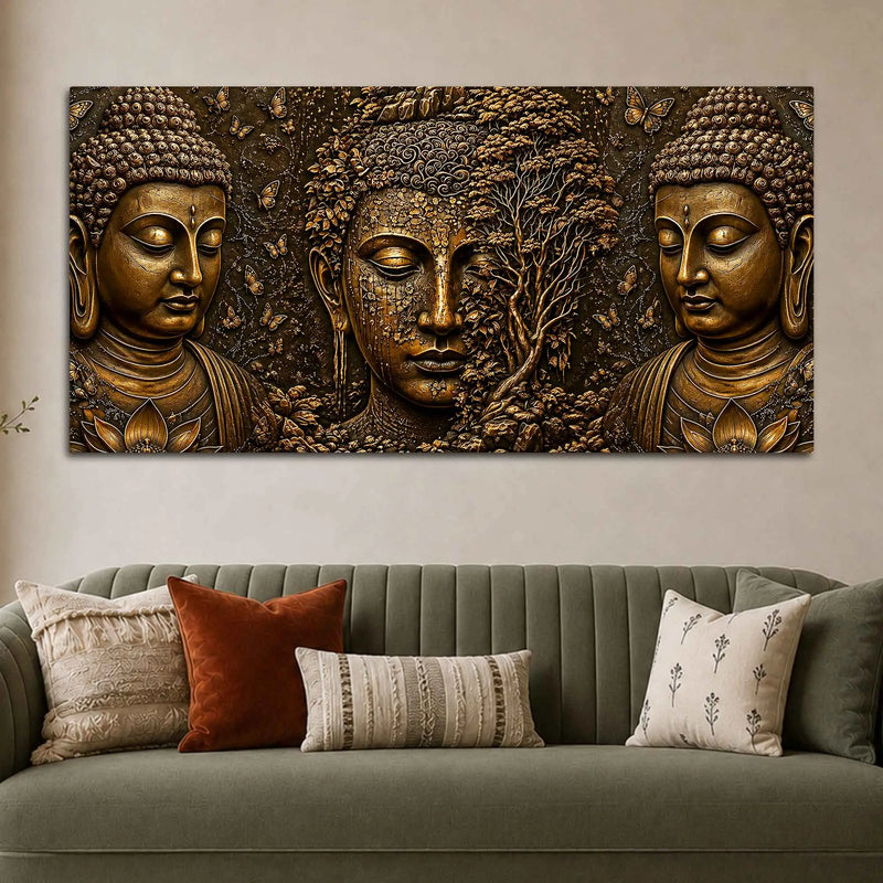 Golden Buddha Faces with Bodhi Tree Metallic Look 3D Canvas Wall Painting