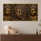 Golden Buddha Faces with Bodhi Tree Metallic Look 3D Canvas Wall Painting