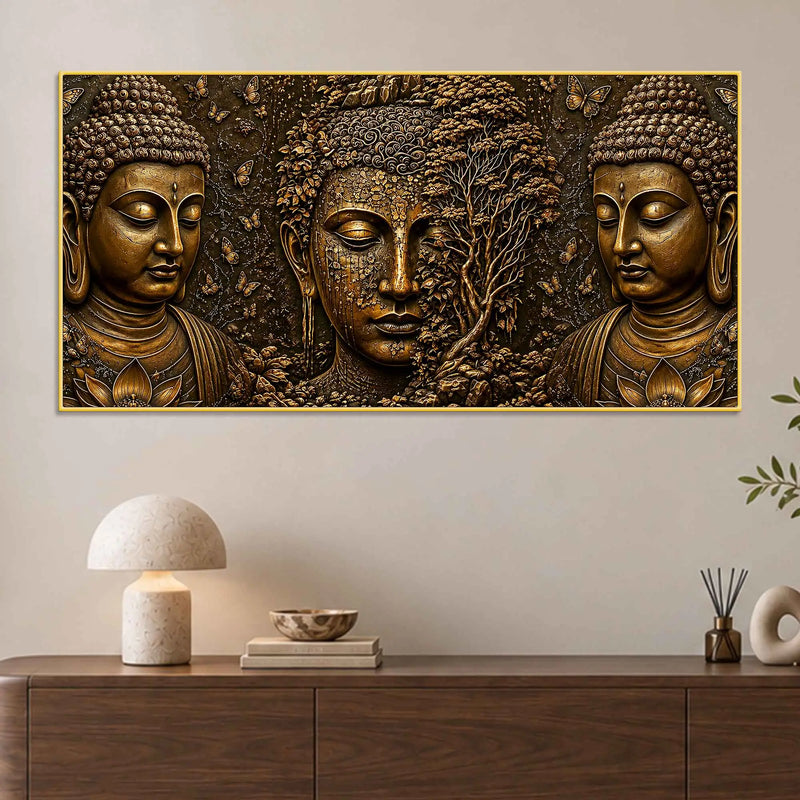 Golden Buddha Faces with Bodhi Tree Metallic Look 3D Canvas Wall Painting