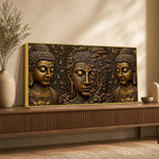 Golden Buddha Faces with Bodhi Tree Metallic Look 3D Canvas Wall Painting