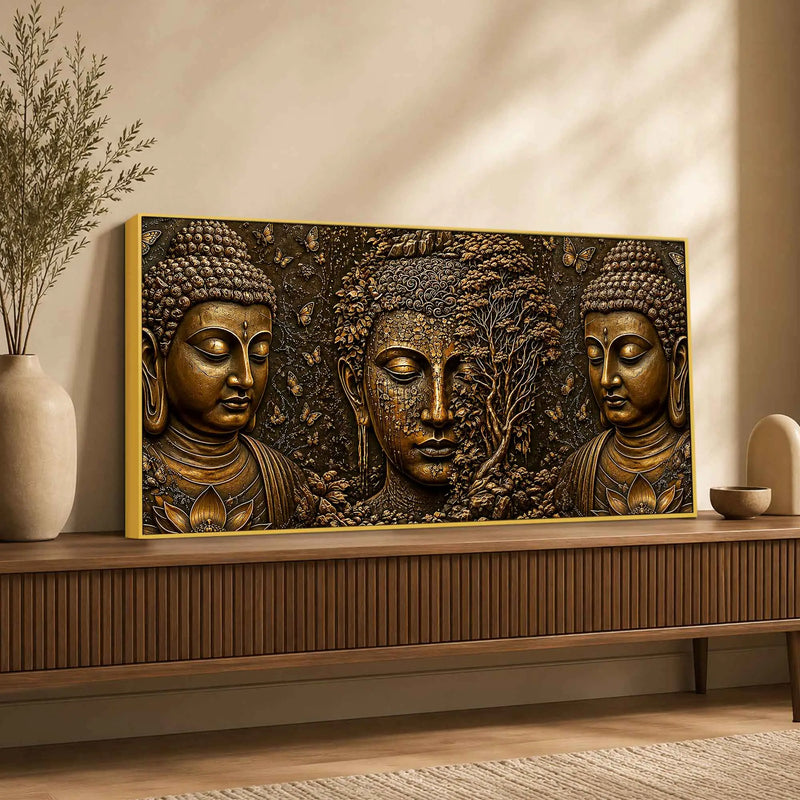 Golden Buddha Faces with Bodhi Tree Metallic Look 3D Canvas Wall Painting