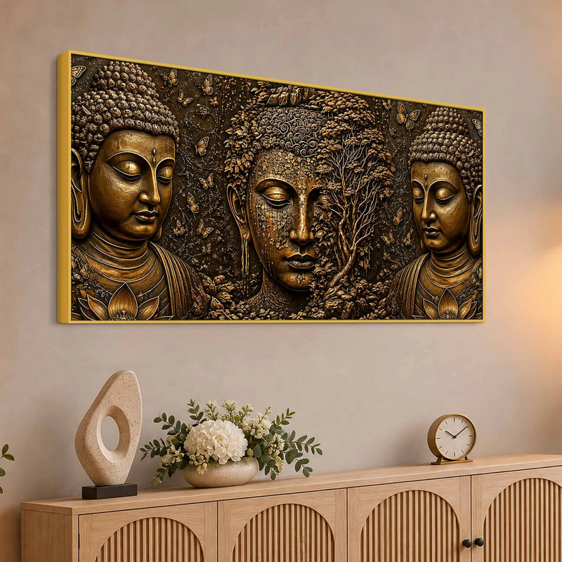 Golden Buddha Faces with Bodhi Tree Metallic Look 3D Canvas Wall Painting