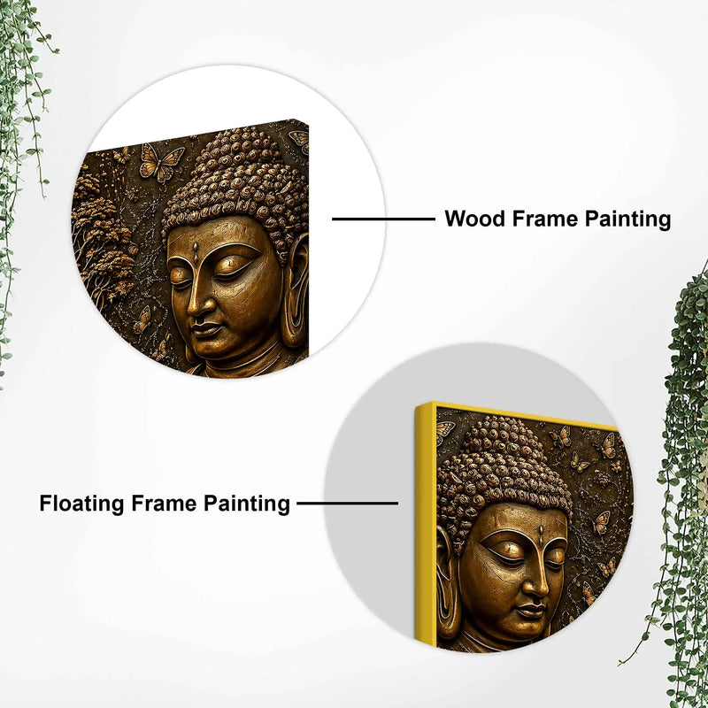 Golden Buddha Faces with Bodhi Tree Metallic Look 3D Canvas Wall Painting