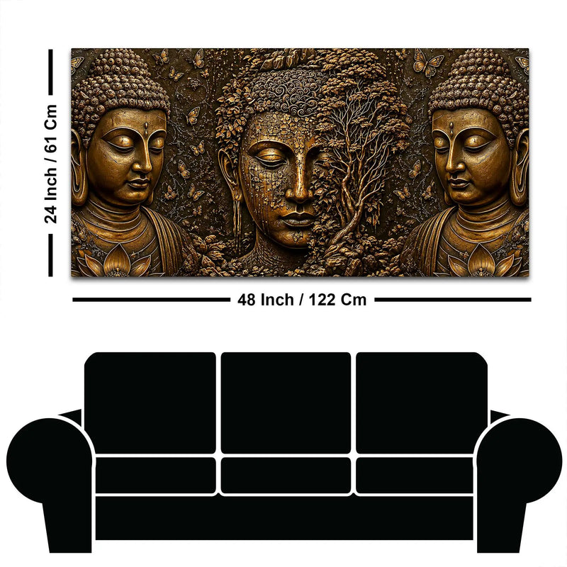 Golden Buddha Faces with Bodhi Tree Metallic Look 3D Canvas Wall Painting