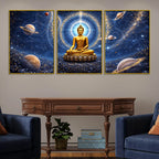 Golden Buddha in Cosmic Universe Floating Frame Crystal Wall Painting Set of 3