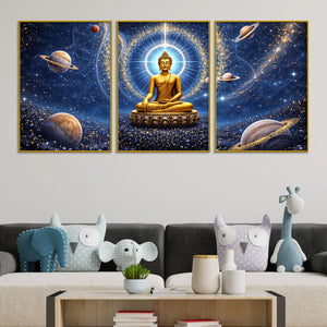 golden-buddha-in-cosmic-universe-floating-frame-crystal-wall-painting-set-of-3