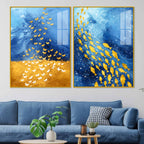 Golden Butterflies and Ocean Fish Acrylic Floating Wall Painting Set of 2