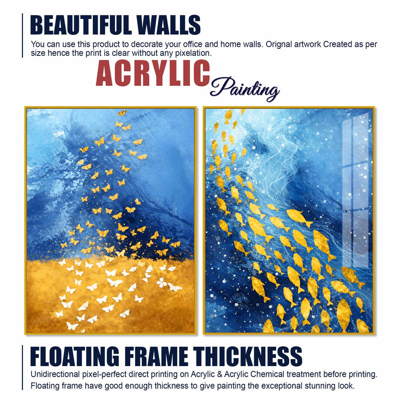 Golden Butterflies and Ocean Fish Acrylic Floating Wall Painting Set of 2