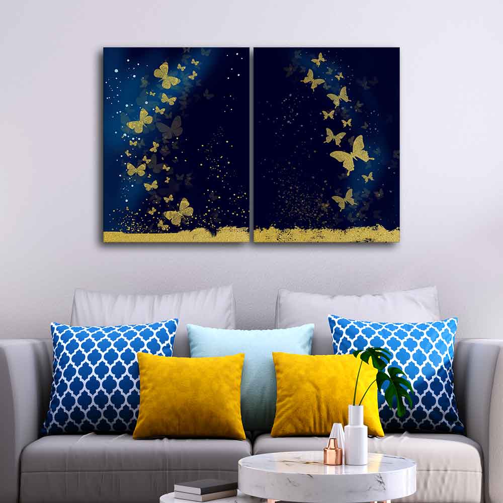 Golden Butterflies Canvas Wall Painting of Two Pieces