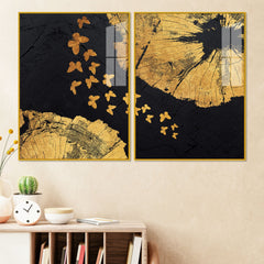 Golden Butterflies Flying Acrylic Floating Wall Painting Set of 2