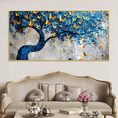 golden-butterflies-on-blue-tree-abstract-canvas-painting