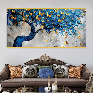 Golden Butterflies on Blue Tree Abstract Canvas Painting