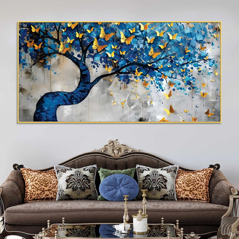 Golden Butterflies on Blue Tree Abstract Canvas Painting