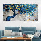Golden Butterflies on Blue Tree Abstract Canvas Painting