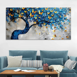 Golden Butterflies on Blue Tree Abstract Canvas Painting